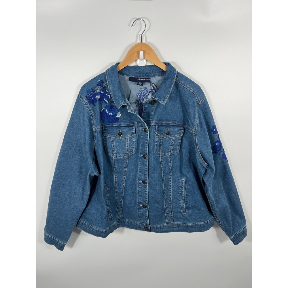Womens Oversized Denim Jacket 24W Blue Floral‎ Embroidery Festival Concert - Picture 2 of 10